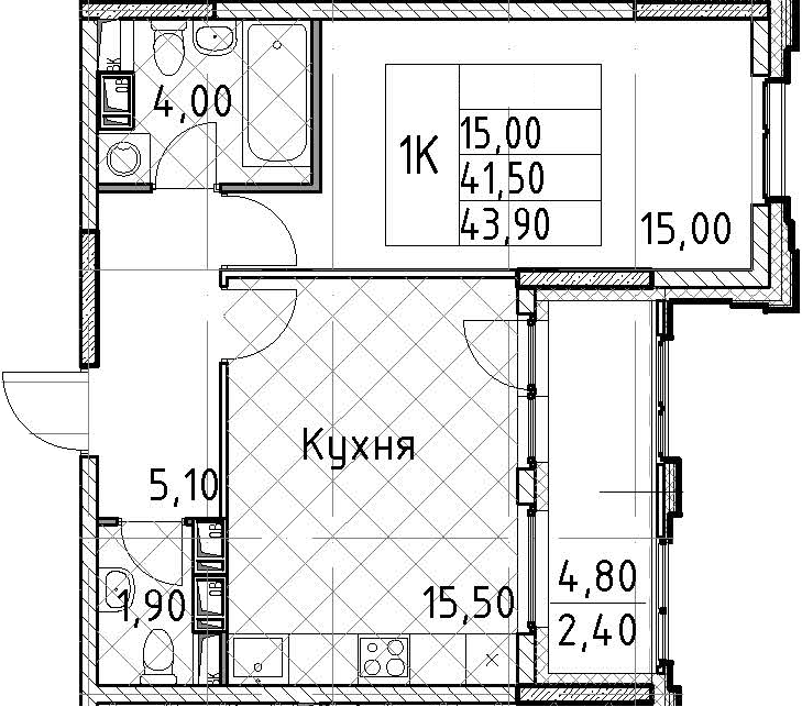 1-комнатная квартира 43.9 м², 8/13 эт., ЖК «Тайм Сквер»